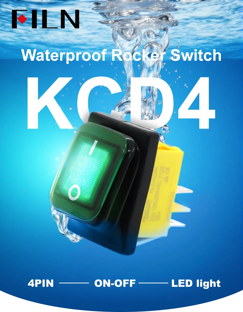 FILN 30A 12V 24V 110V 220VLED Rocker Switch  Waterproof IP65 ON OFF Heavy Duty 4 Pin DPST Sealed  Auto Boat Marine Toggle 30x22
