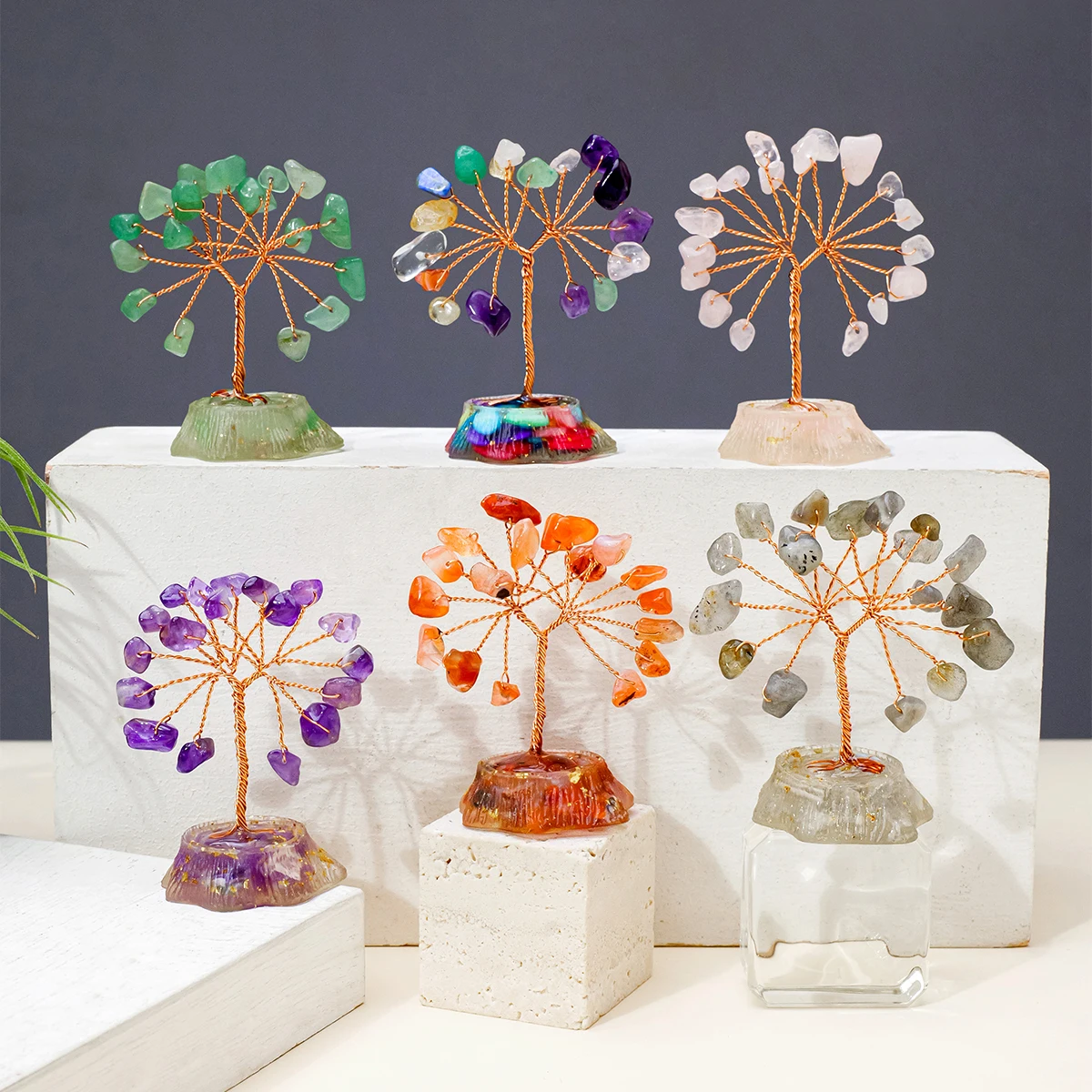 1PC 7 Chakra Healing Natural Stones Resin Healing Mini Crystal Tree Home Office Desk Living Room Feng Shui Decora for Good Luck