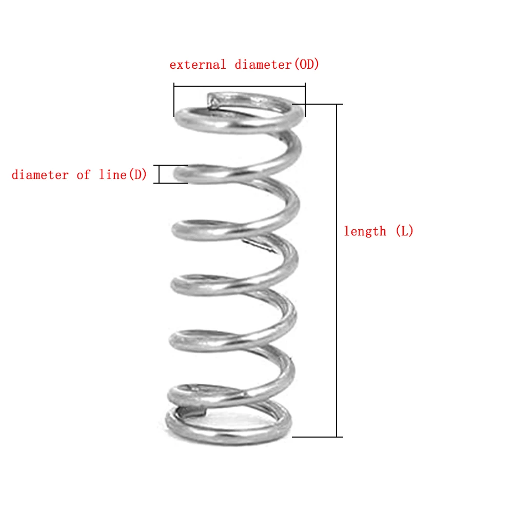 304Stainless Steel Compression Spring Return Spring Steel Wire Diameter 1.0mm Outside Diameter 5~20mm length 10mm to 100mm 10Pcs
