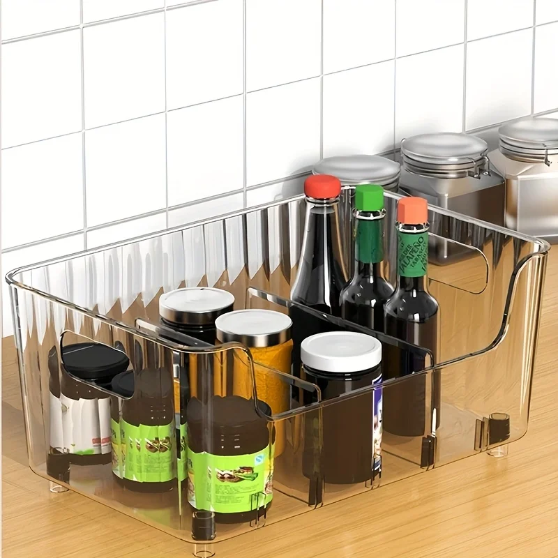 1pc Clear Plastic Seasoning Storage Box with Adjustable Divider | Versatile Kitchen Organizer for Spices, Snacks and Small Items