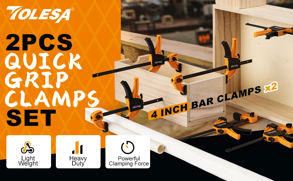 TOLESA 4"/6" Bar Clamps for Woodworking, 2PCS One-Handed Clamp / Spreader, Wood Clamp Set, Light-Duty Quick-Change F Clamp