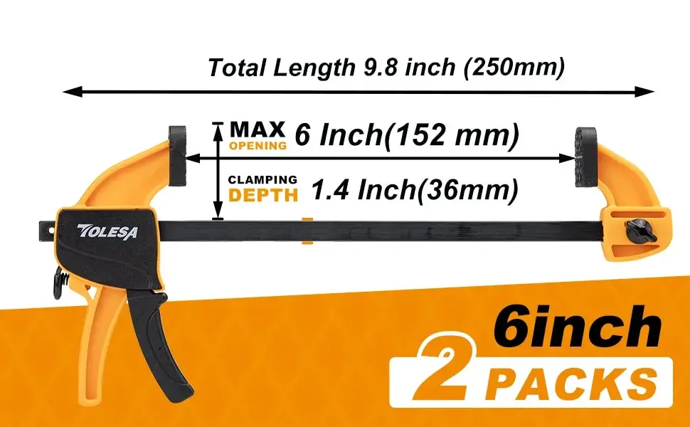 TOLESA 4"/6" Bar Clamps for Woodworking, 2PCS One-Handed Clamp / Spreader, Wood Clamp Set, Light-Duty Quick-Change F Clamp