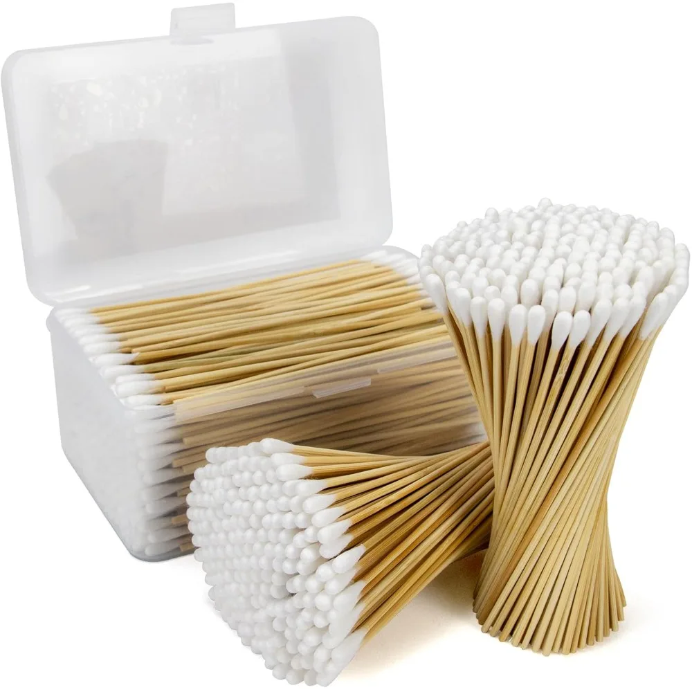 100/300PCS 6 Inch Precision Tips Cotton Swabs - Long Wooden Stick Cotton Buds Pointed Cotton Swabs With Case - Cotton