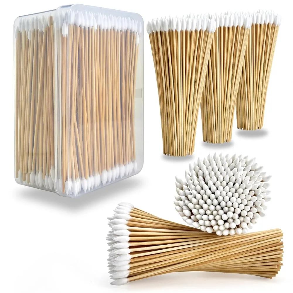 100/300PCS 6 Inch Precision Tips Cotton Swabs - Long Wooden Stick Cotton Buds Pointed Cotton Swabs With Case - Cotton