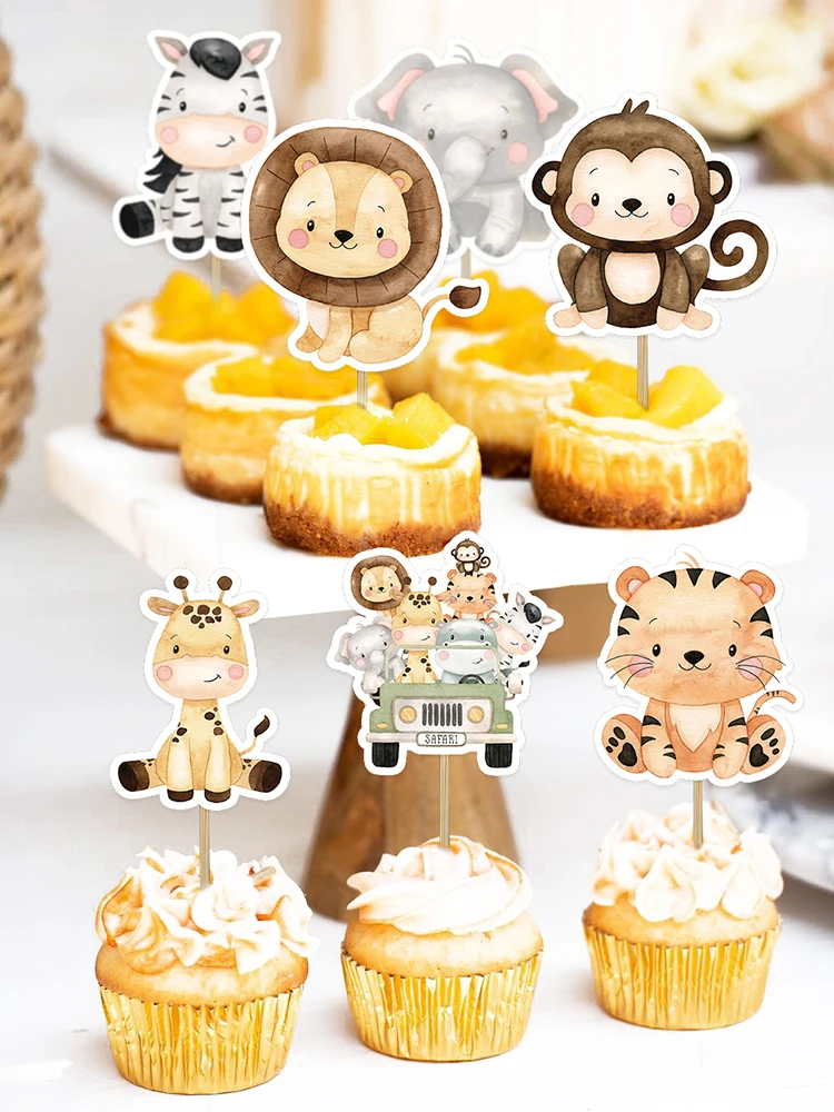 24pcs Carton Wild Animal Cake Toppers Cupcake Topper For Kids Jungle Safari Forest Birthday Party Decoration DIY Cupcake Supply