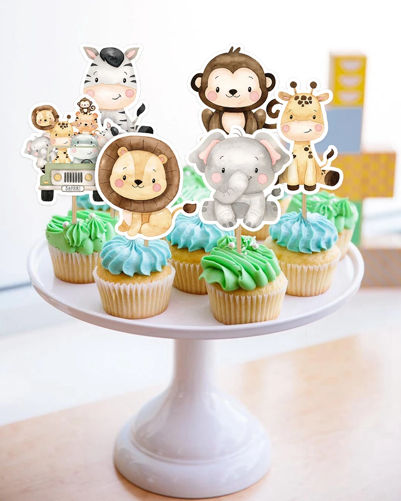 24pcs Carton Wild Animal Cake Toppers Cupcake Topper For Kids Jungle Safari Forest Birthday Party Decoration DIY Cupcake Supply