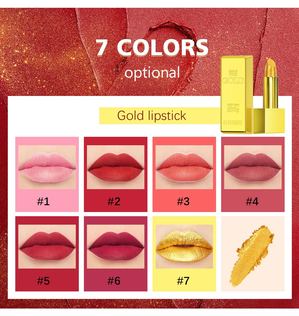 Shimmer Gold Lipstick Metallic Glitter Sexy Lipsticks Long Lasting Batom Waterproof Cosmetic Gold Brick Tube Design Gift 3.5g