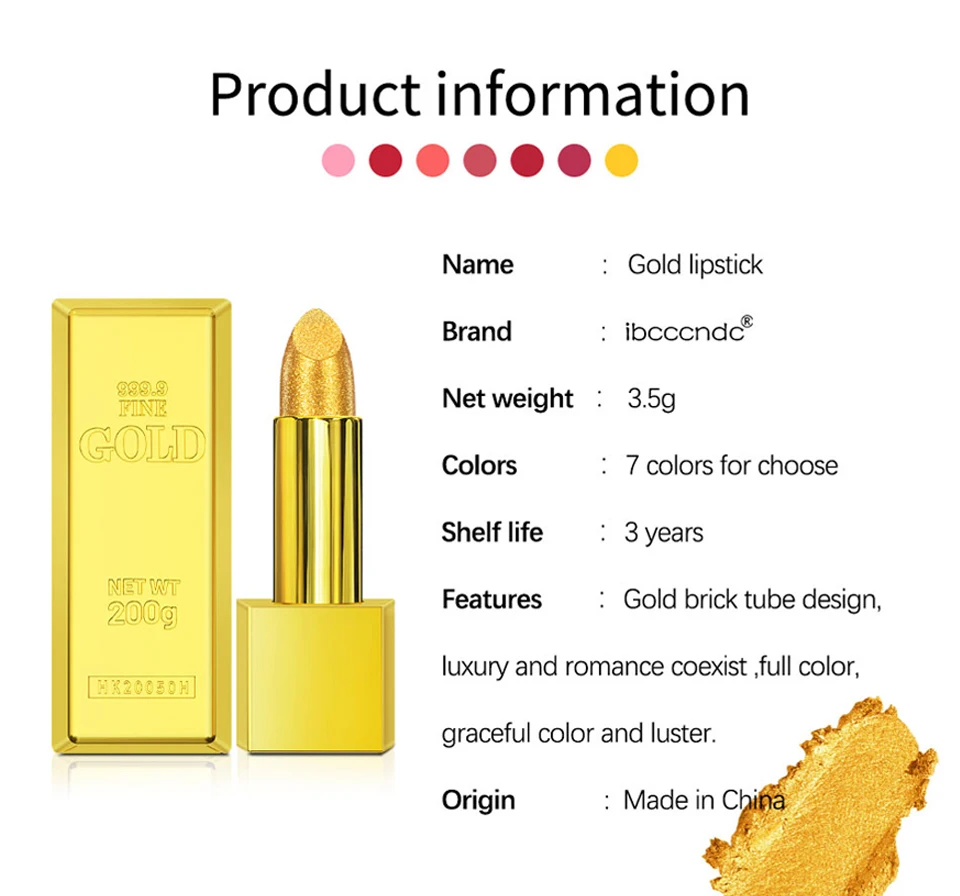 Shimmer Gold Lipstick Metallic Glitter Sexy Lipsticks Long Lasting Batom Waterproof Cosmetic Gold Brick Tube Design Gift 3.5g