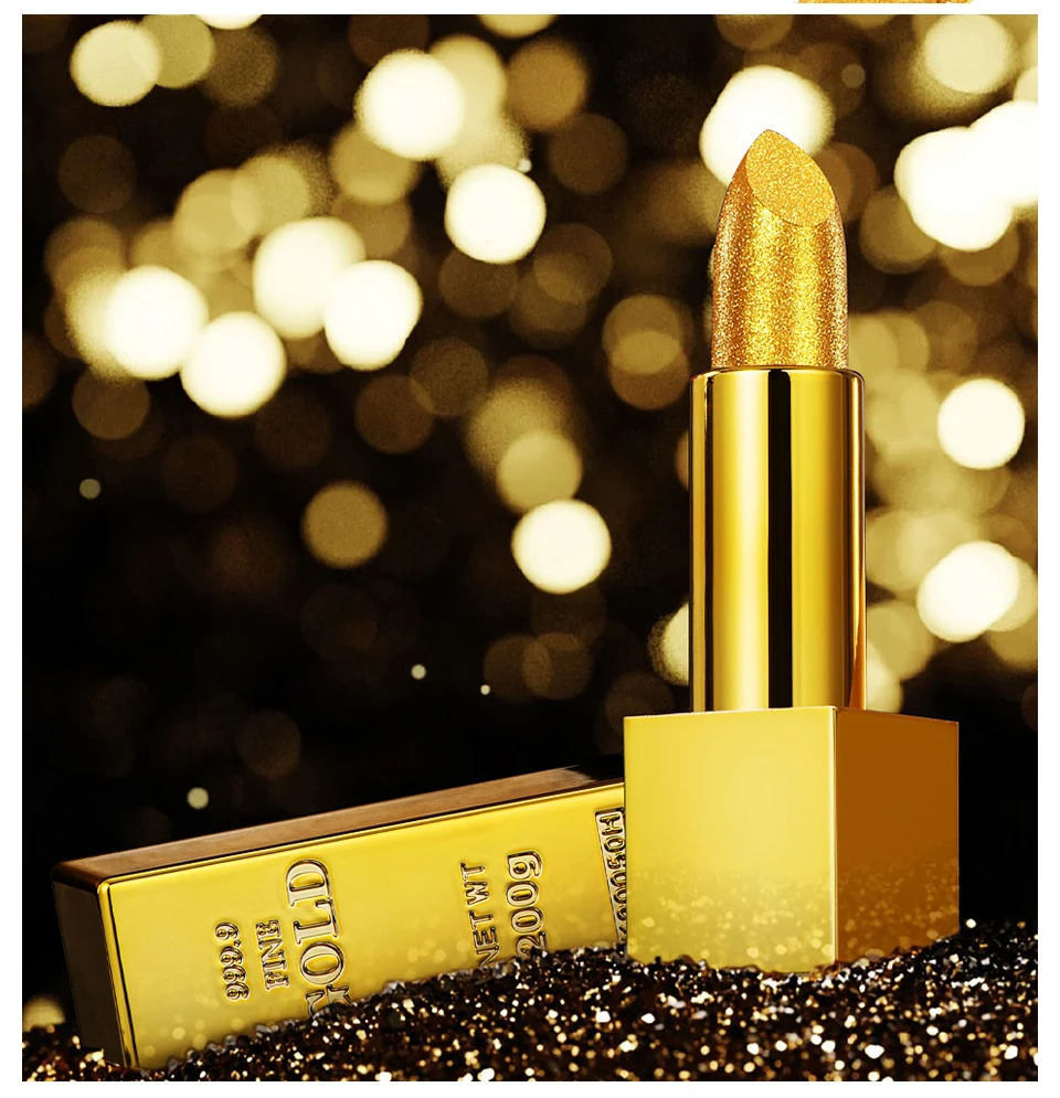 Shimmer Gold Lipstick Metallic Glitter Sexy Lipsticks Long Lasting Batom Waterproof Cosmetic Gold Brick Tube Design Gift 3.5g
