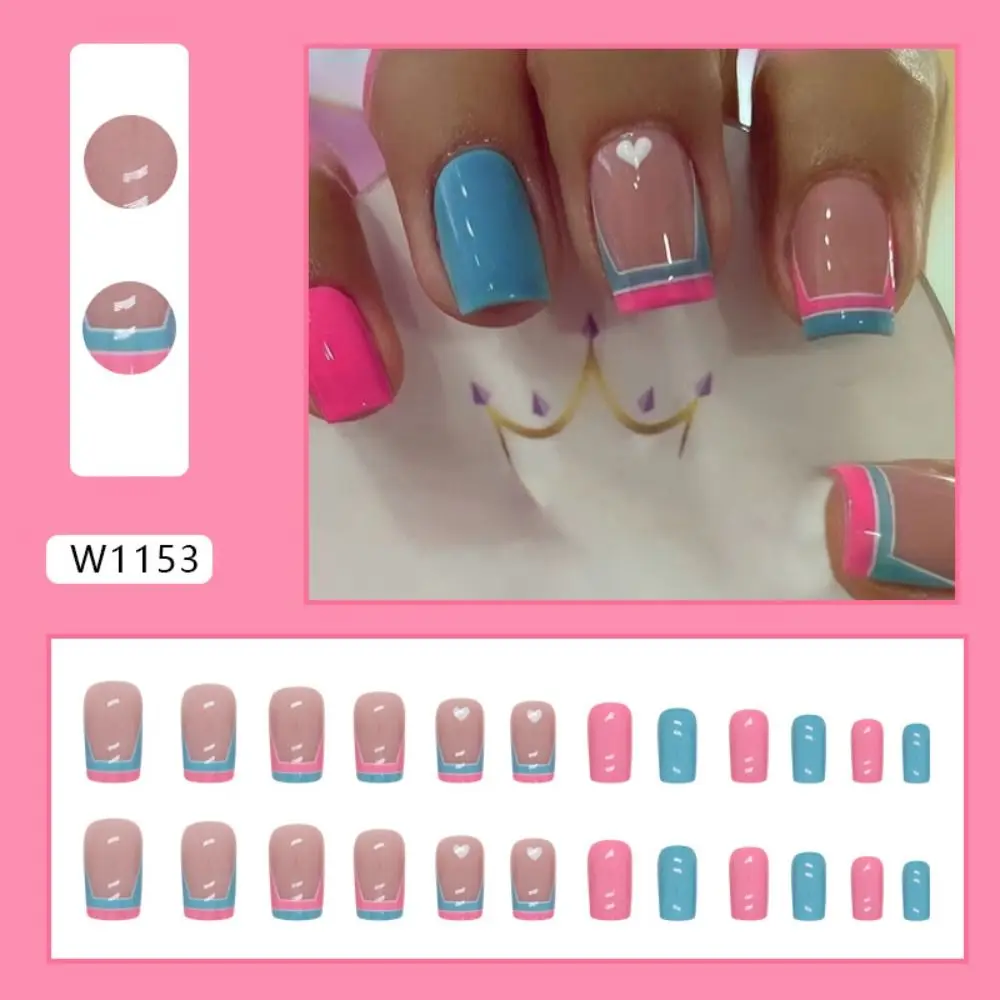 24pcs Short Square French Pink Cartoon Snail False Nails Full Cover Detachable Nail Tips Press on Nails