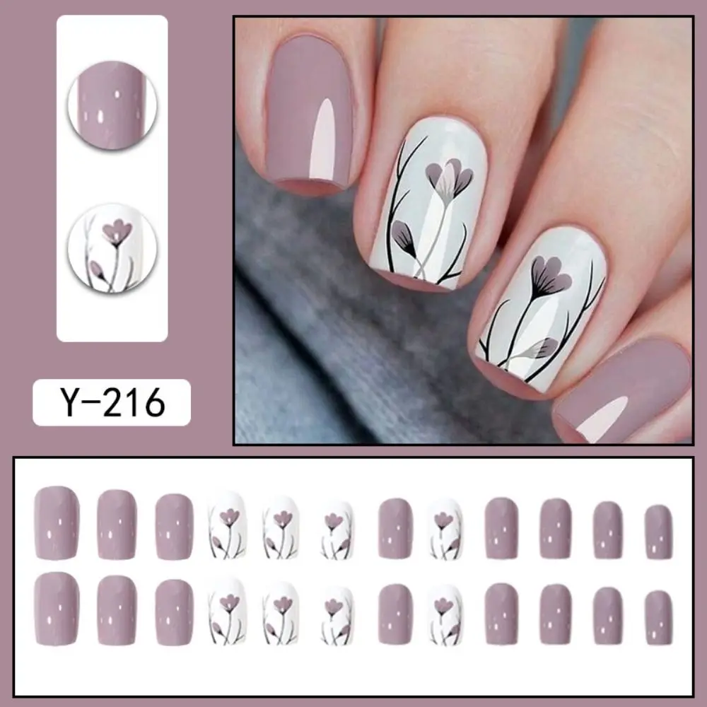 24pcs Short Square French Pink Cartoon Snail False Nails Full Cover Detachable Nail Tips Press on Nails