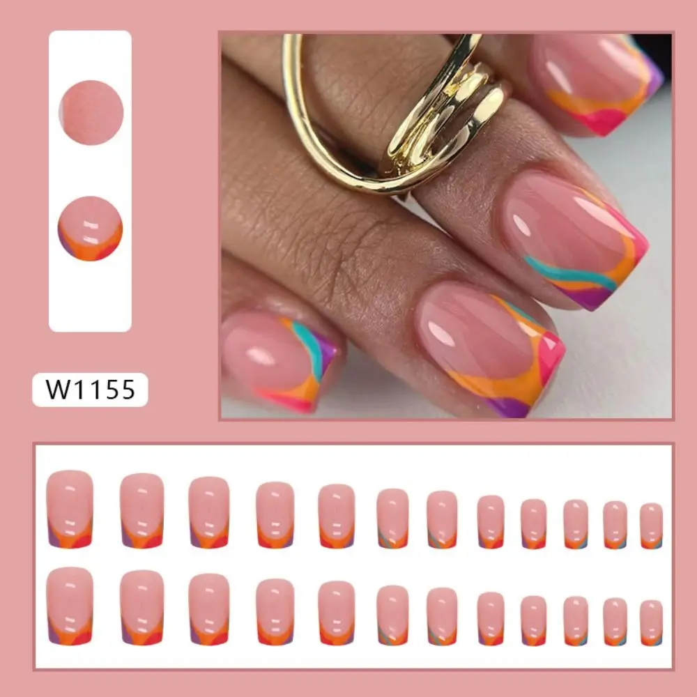 24pcs Short Square French Pink Cartoon Snail False Nails Full Cover Detachable Nail Tips Press on Nails