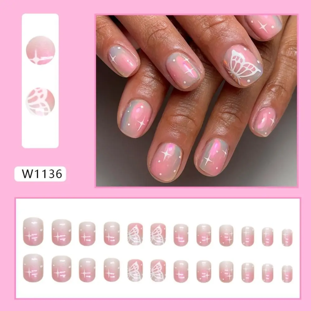 24pcs Short Square French Pink Cartoon Snail False Nails Full Cover Detachable Nail Tips Press on Nails