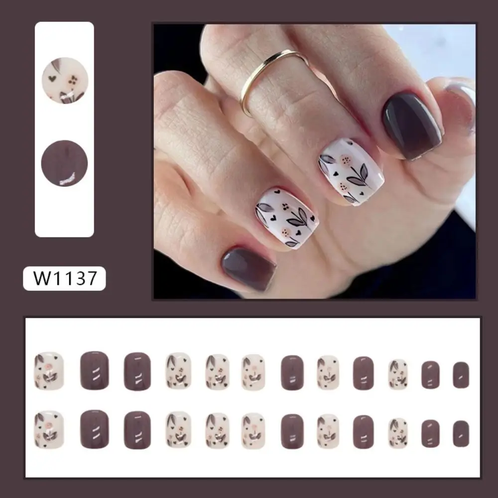 24pcs Short Square French Pink Cartoon Snail False Nails Full Cover Detachable Nail Tips Press on Nails