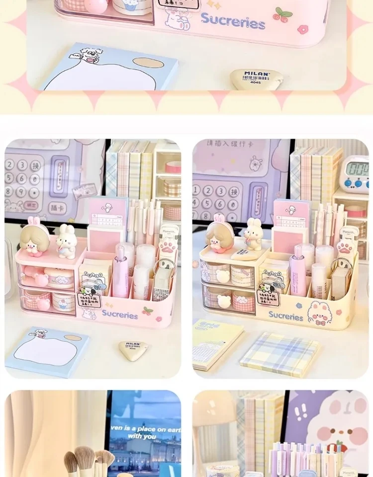 Ins Kawaii Desk Organizer Storage Box Cute Bear Handle Drawer Stationery Pen Holder Sticky Note Tape Storage Box Organizer Rack