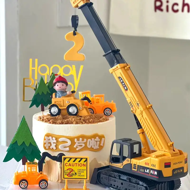 Engineering Construction Cake Topper 0-9 Birthday Party Tractor Truck Cake Decor Kids One Year 1st Birthday Boy Baby Shower Cake