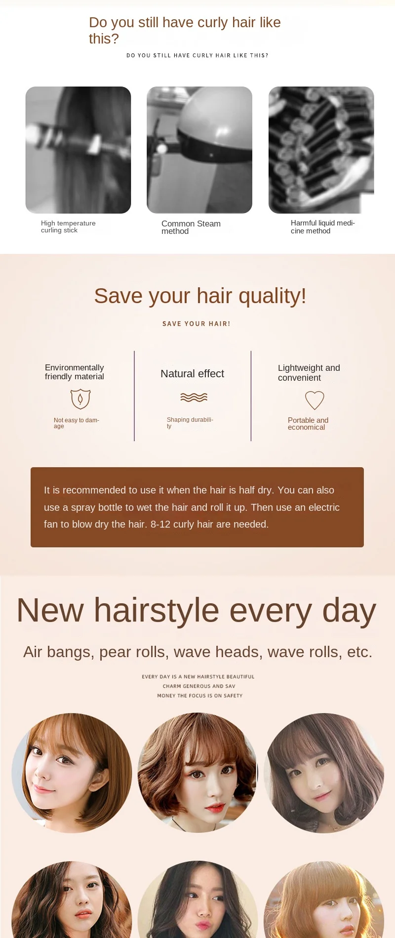 S/M/L Lazy Hair Rollers Hair Curlers Air Bangs Curling Rollers Plastic Self-adhesive Hair Curling Hairdressing Styling DIY Tool