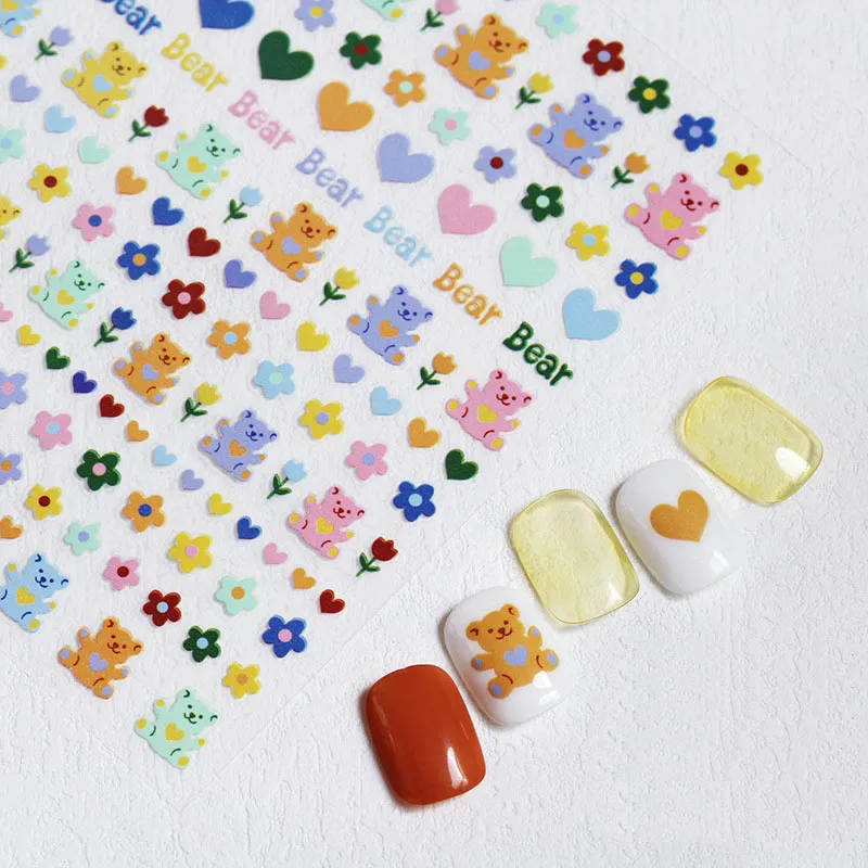 Cute Cartoon Nail Art Stickers, Bear Rabbit Flowers Panda Designs, Adhesive Decals for Nails Manicure Decoration