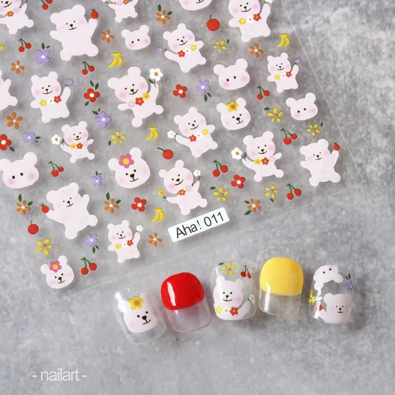 Cute Cartoon Nail Art Stickers, Bear Rabbit Flowers Panda Designs, Adhesive Decals for Nails Manicure Decoration