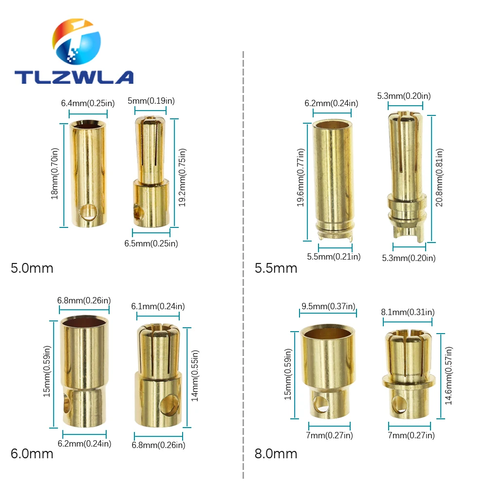 2mm 3mm 3.5mm 4mm 5mm 5.5mm 6mm 8mm RC Battery Gold-plated Bullet Banana Plug High Quality Male Female Bullet Banana Connector