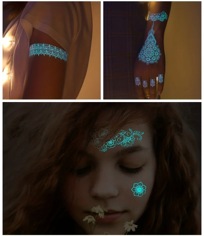 Blue Luminous Henna Tattoo Sticker Girls Tribal White Lace Lotus Tattoos Mandala Flower Fake Jewelry Pendant Temporary Tattoo