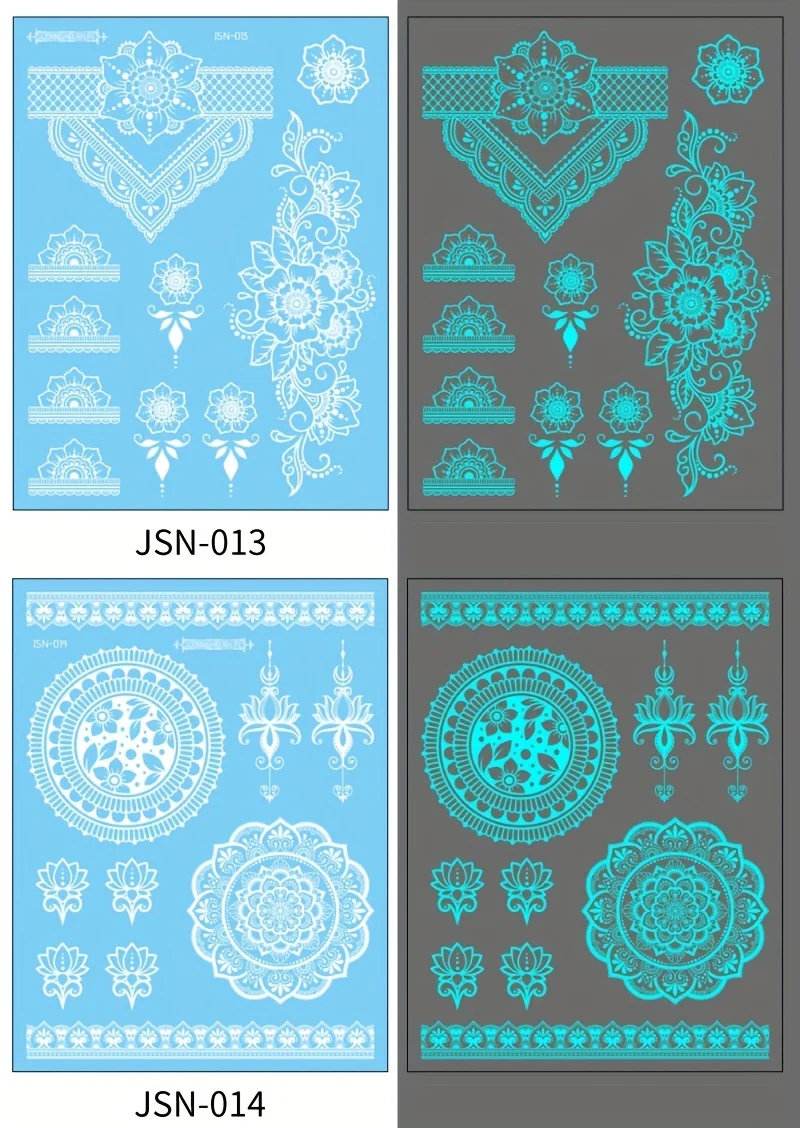 Blue Luminous Henna Tattoo Sticker Girls Tribal White Lace Lotus Tattoos Mandala Flower Fake Jewelry Pendant Temporary Tattoo