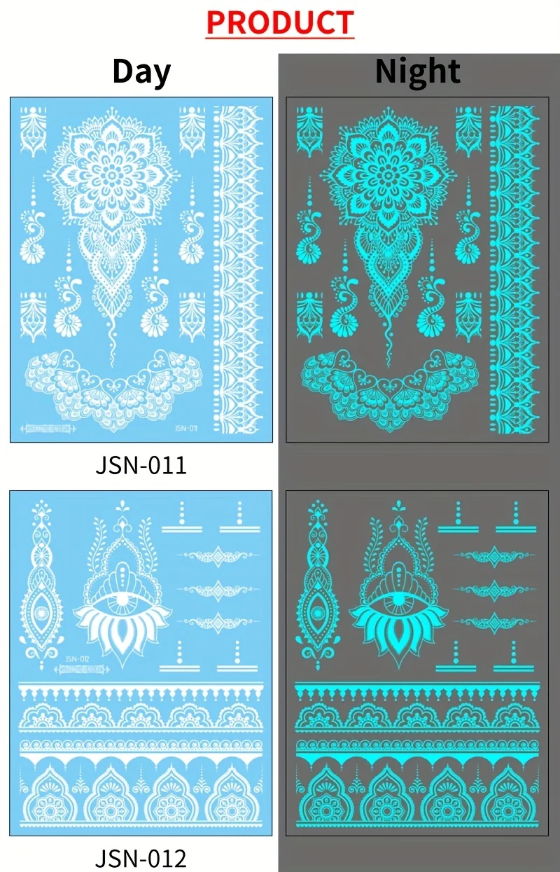 Blue Luminous Henna Tattoo Sticker Girls Tribal White Lace Lotus Tattoos Mandala Flower Fake Jewelry Pendant Temporary Tattoo