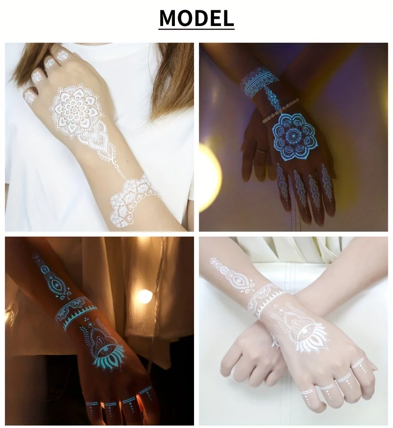 Blue Luminous Henna Tattoo Sticker Girls Tribal White Lace Lotus Tattoos Mandala Flower Fake Jewelry Pendant Temporary Tattoo