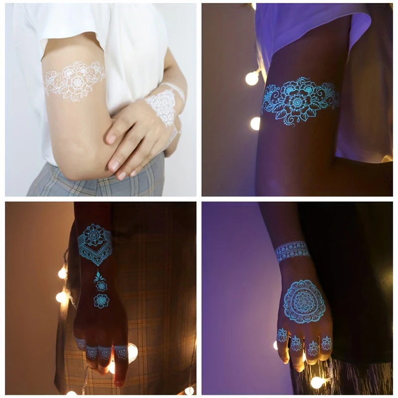 Blue Luminous Henna Tattoo Sticker Girls Tribal White Lace Lotus Tattoos Mandala Flower Fake Jewelry Pendant Temporary Tattoo