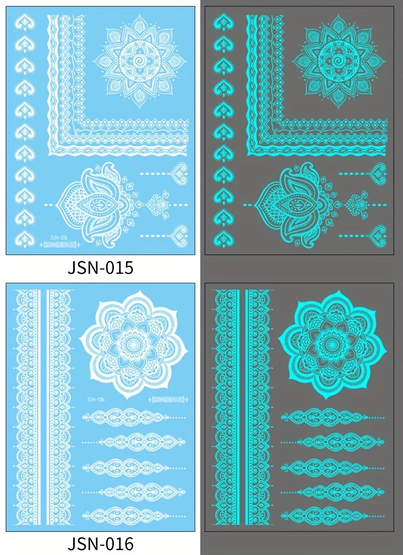 Blue Luminous Henna Tattoo Sticker Girls Tribal White Lace Lotus Tattoos Mandala Flower Fake Jewelry Pendant Temporary Tattoo