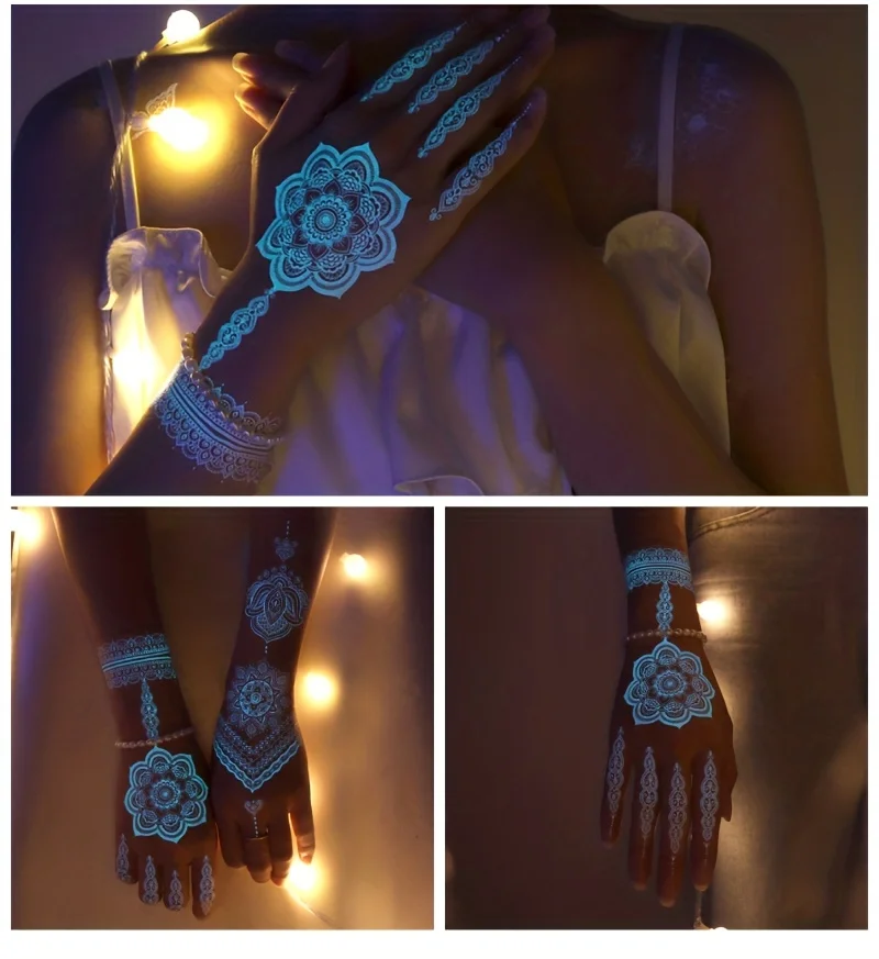 Blue Luminous Henna Tattoo Sticker Girls Tribal White Lace Lotus Tattoos Mandala Flower Fake Jewelry Pendant Temporary Tattoo