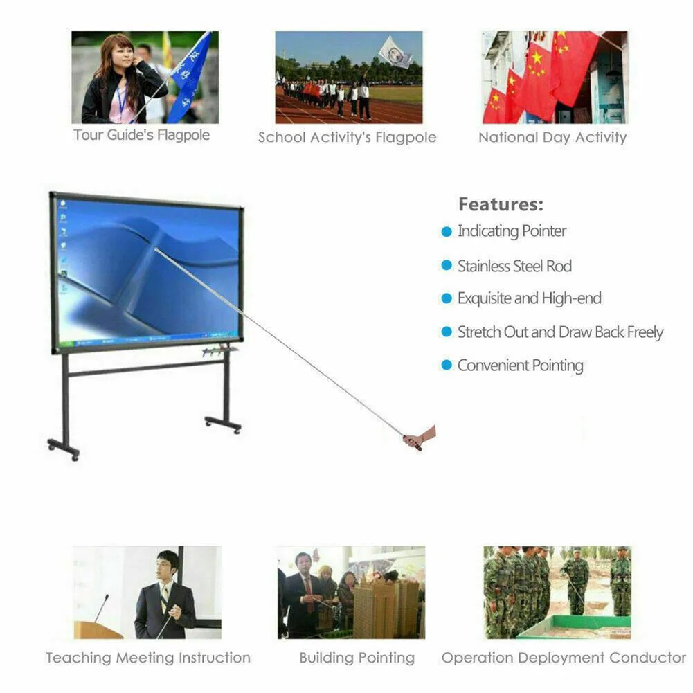 1.6M Telescopic Flagpole Stainless Steel Black Sponge Handle Portable Pole Flag Waving Flagpole Teaching Pointer
