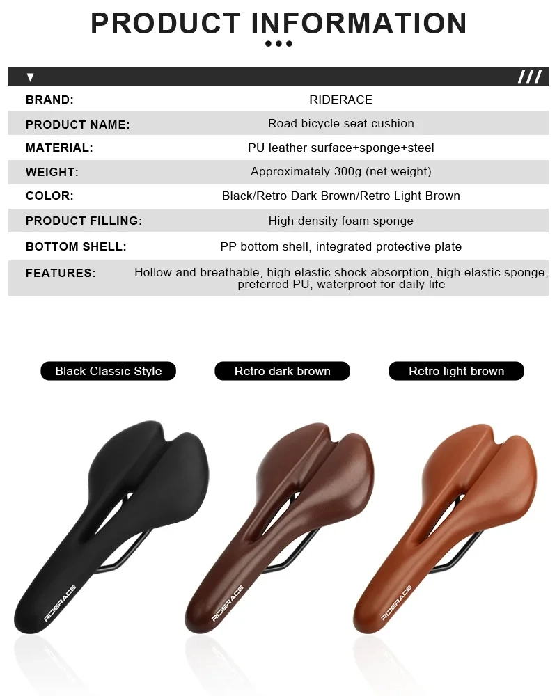 RIDERACE Bicycle Saddle Hollow Cycling Seat For Men Women Soft PU Leather Comfortable Shock Absorbing MTB Road Bike Cushion
