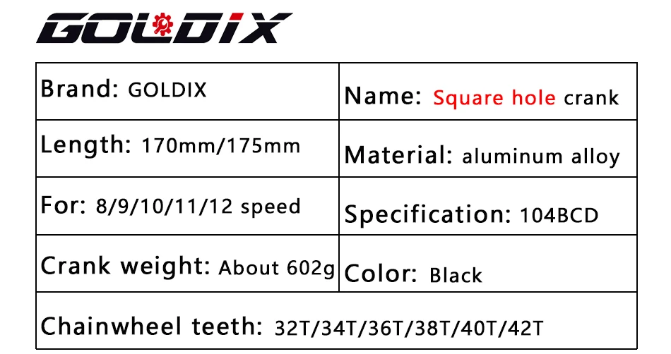 GOLDIX Square Hole Bicycle Crankset Aluminum Alloy MTB Crank 165/170/175mm Length Narrow Wide Teeth 104BCD 32/34/36/38/40/42T