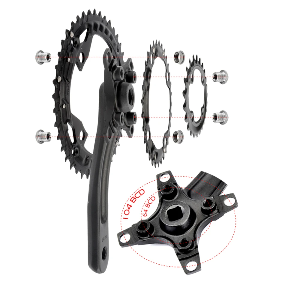 GOLDIX Square Hole Bicycle Crankset Aluminum Alloy MTB Crank 165/170/175mm Length Narrow Wide Teeth 104BCD 32/34/36/38/40/42T