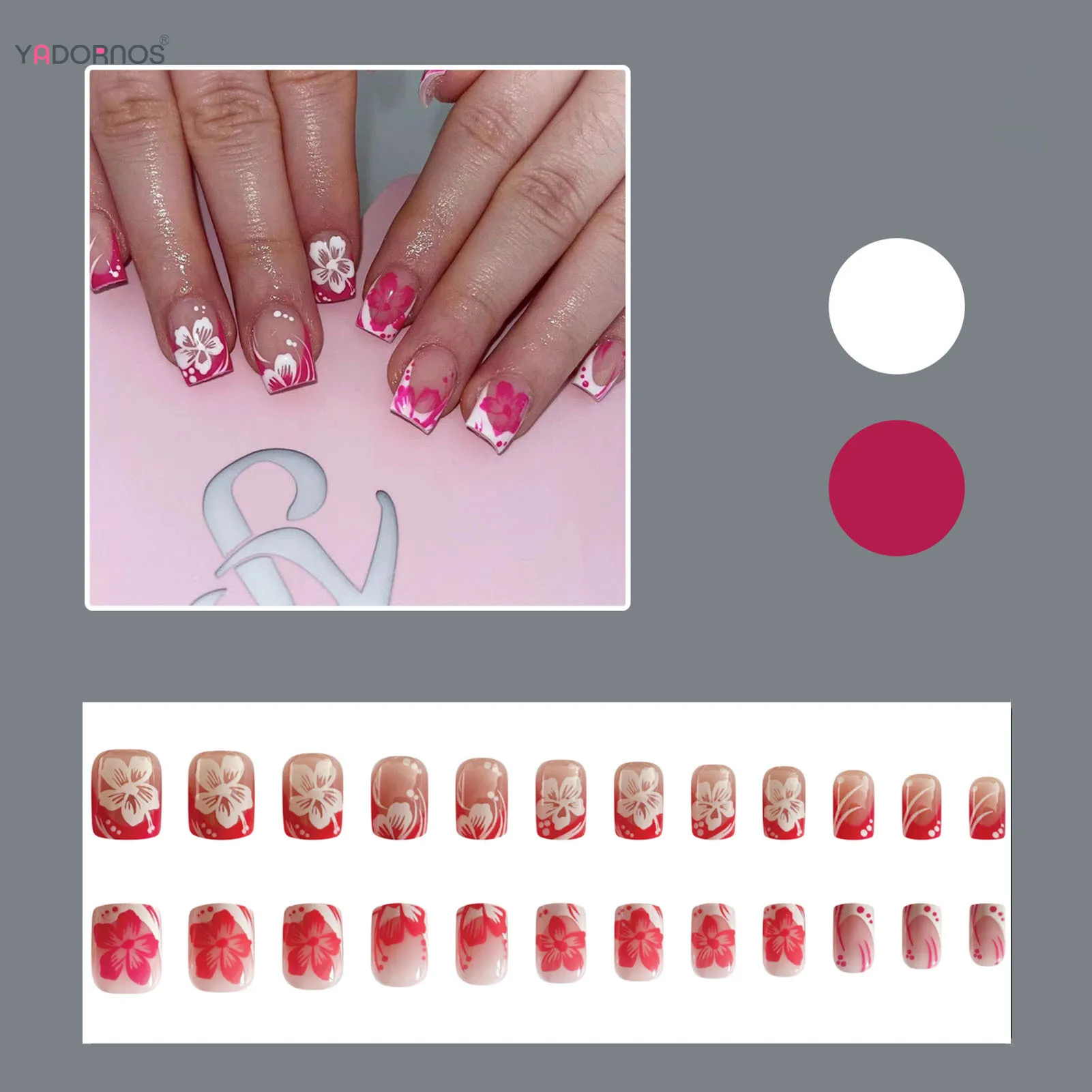 24Pcs Fairy White Flower Fake Nails Pink French Tip Press on Nails Short Square Wearable False Nail for Women Girls DIY Manicure