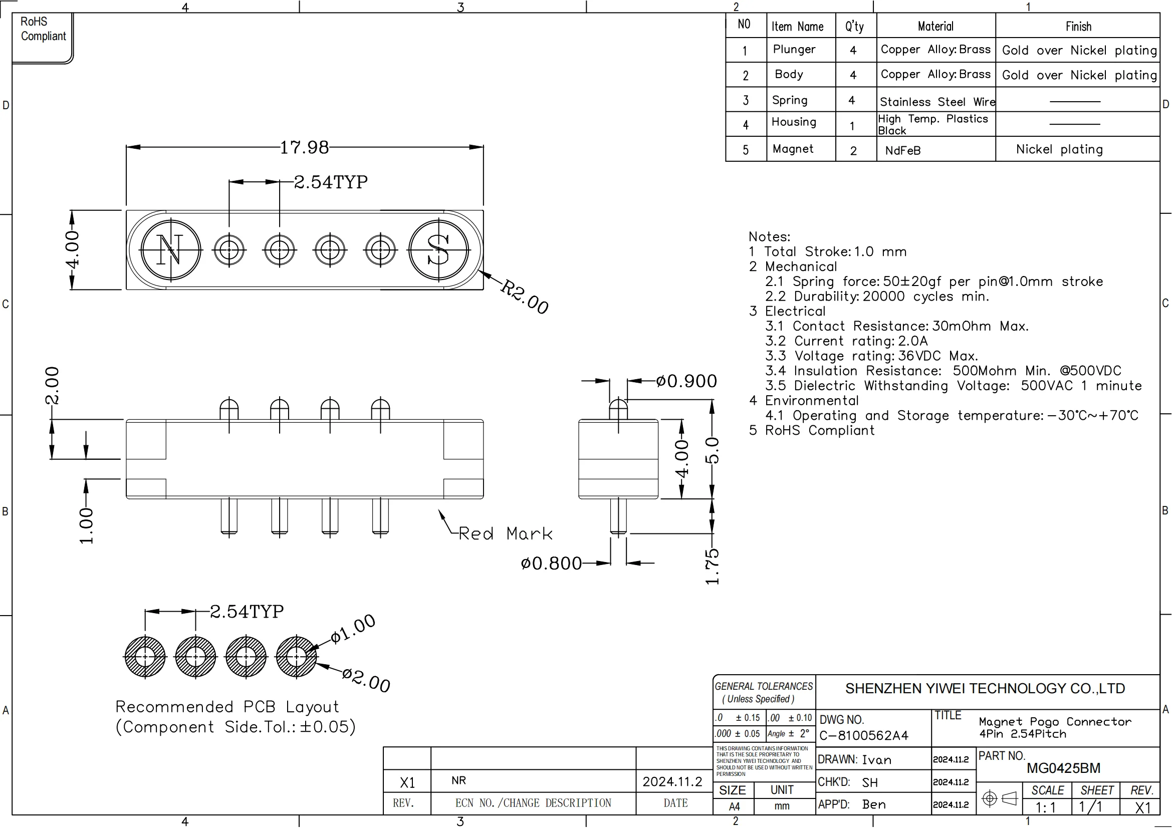 1/3/5 Pair Spring Loaded Male Female 2.54 MM Pitch 2P 3 4 5 6 7 8 9 Pole Through Holes PCB BTB Connector 2A DC Magnetic Pogo Pin