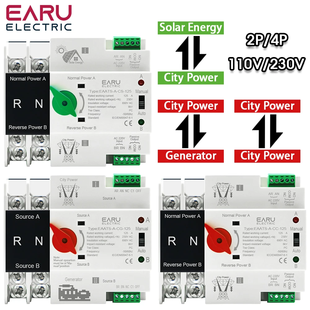 EARU ATS 2P 4P 125A AC 110V 230V Solar PV Dual Power Automatic Transfer Switch Electrical Selector Switch Uninterrupted Power