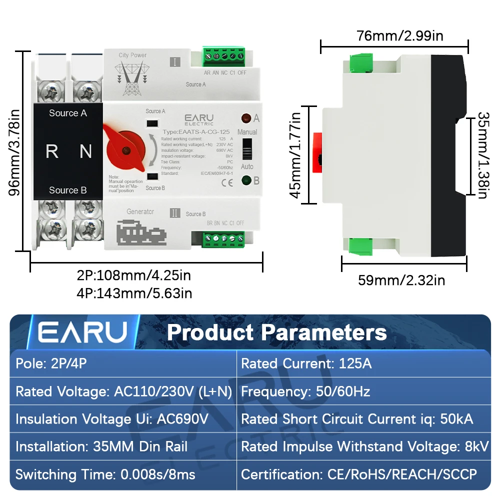 EARU ATS 2P 4P 125A AC 110V 230V Solar PV Dual Power Automatic Transfer Switch Electrical Selector Switch Uninterrupted Power