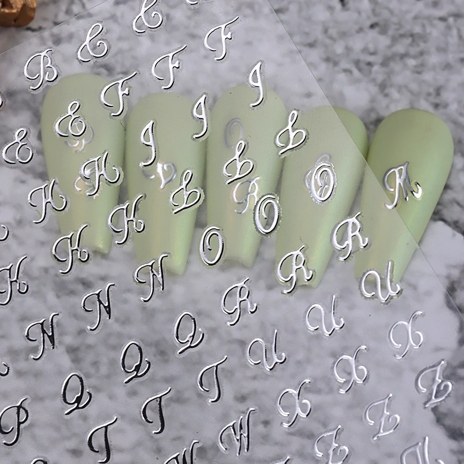 4pcs Roman Letter Nail Stickers Golden Silver Black White Alphabet Design Self Adhesive Decal English Words DIY Manicure Decor