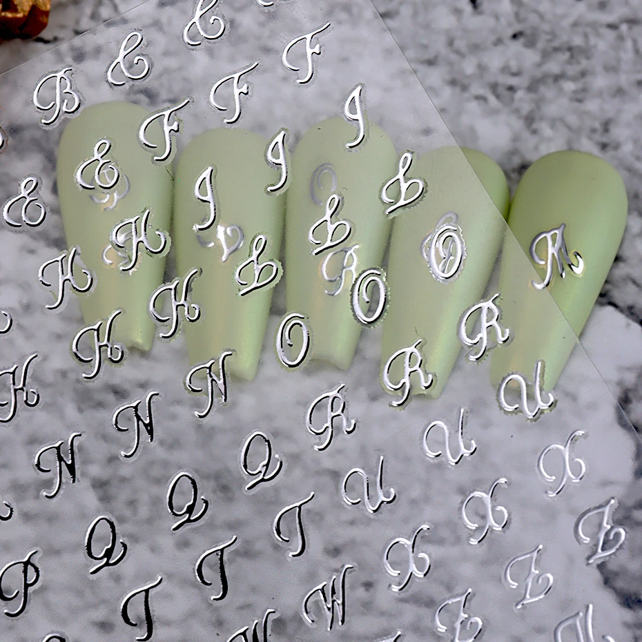 4pcs Roman Letter Nail Stickers Golden Silver Black White Alphabet Design Self Adhesive Decal English Words DIY Manicure Decor