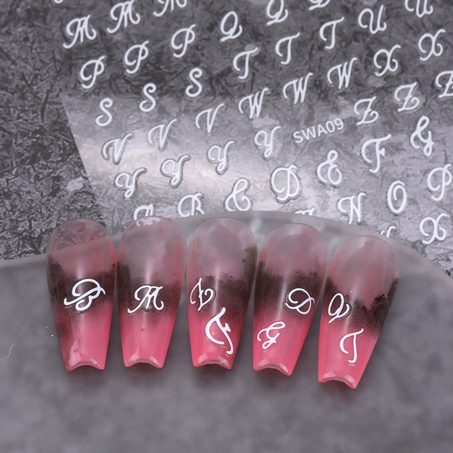 4pcs Roman Letter Nail Stickers Golden Silver Black White Alphabet Design Self Adhesive Decal English Words DIY Manicure Decor