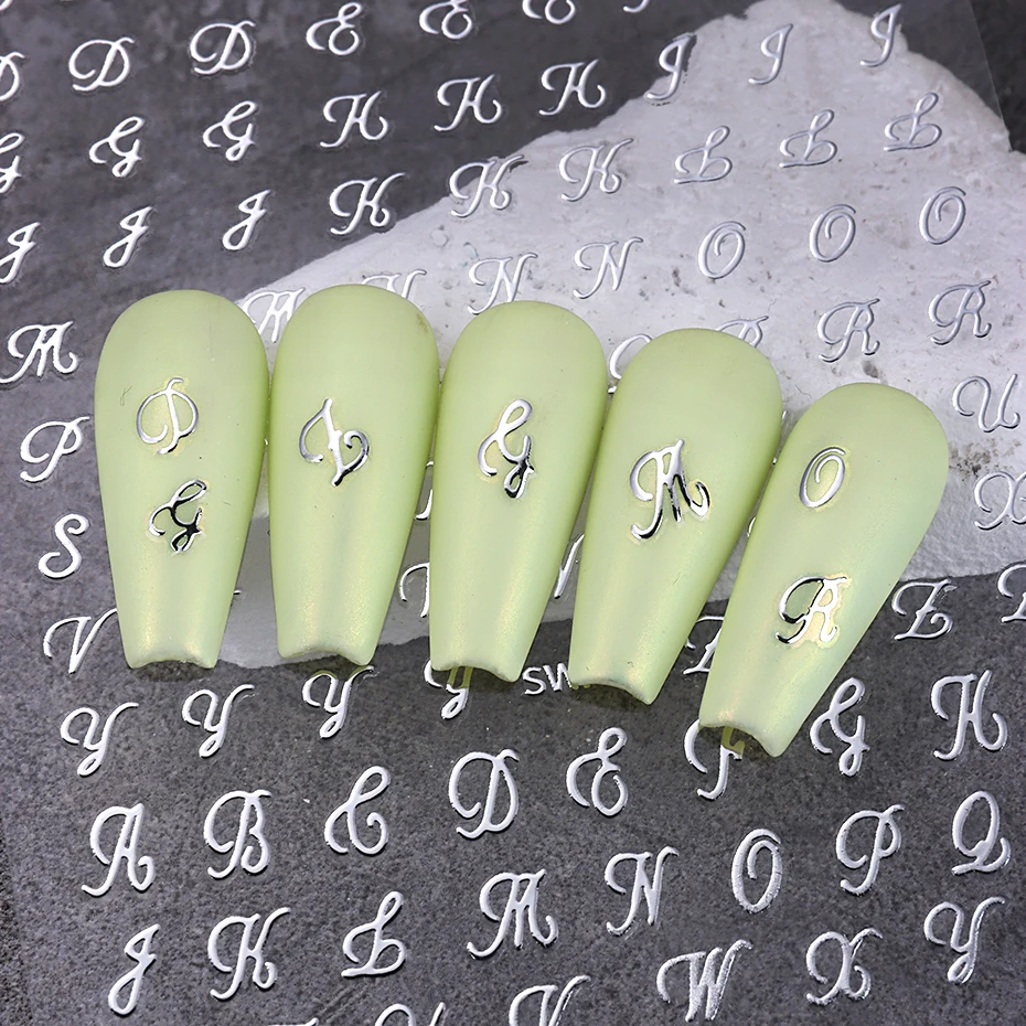 4pcs Roman Letter Nail Stickers Golden Silver Black White Alphabet Design Self Adhesive Decal English Words DIY Manicure Decor