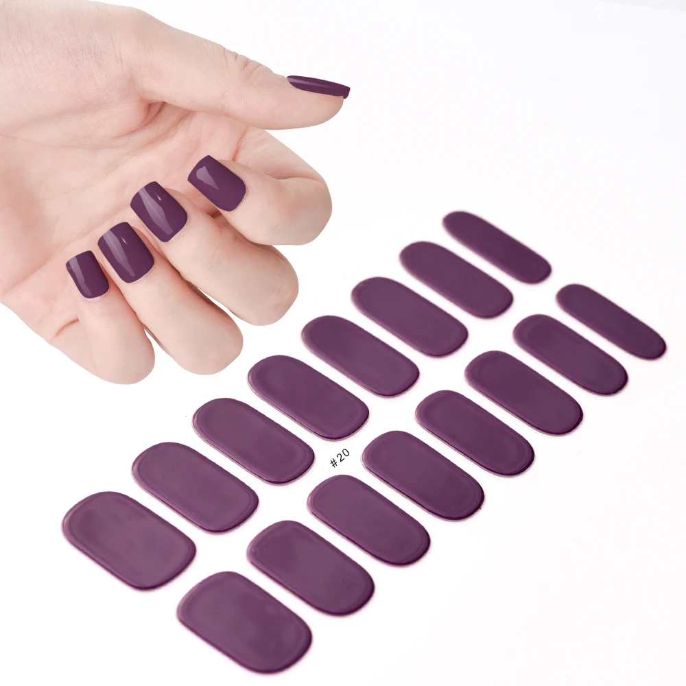 2024# New Semi-Cured Gel Nail Stickers Long-Lasting Solid Color Nail Strips UV Lamp Cured Manicure Gel Decal 16Tips