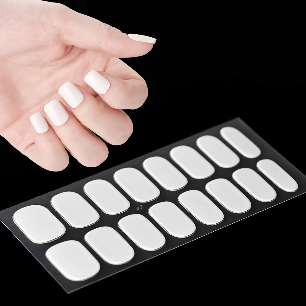 2024# New Semi-Cured Gel Nail Stickers Long-Lasting Solid Color Nail Strips UV Lamp Cured Manicure Gel Decal 16Tips