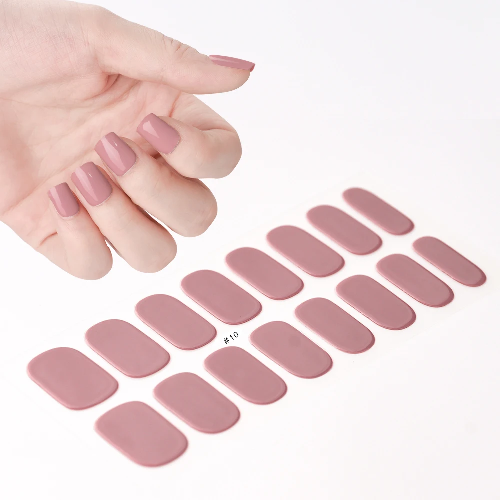 2024# New Semi-Cured Gel Nail Stickers Long-Lasting Solid Color Nail Strips UV Lamp Cured Manicure Gel Decal 16Tips