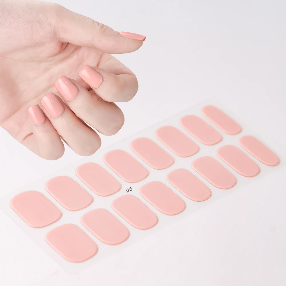 2024# New Semi-Cured Gel Nail Stickers Long-Lasting Solid Color Nail Strips UV Lamp Cured Manicure Gel Decal 16Tips