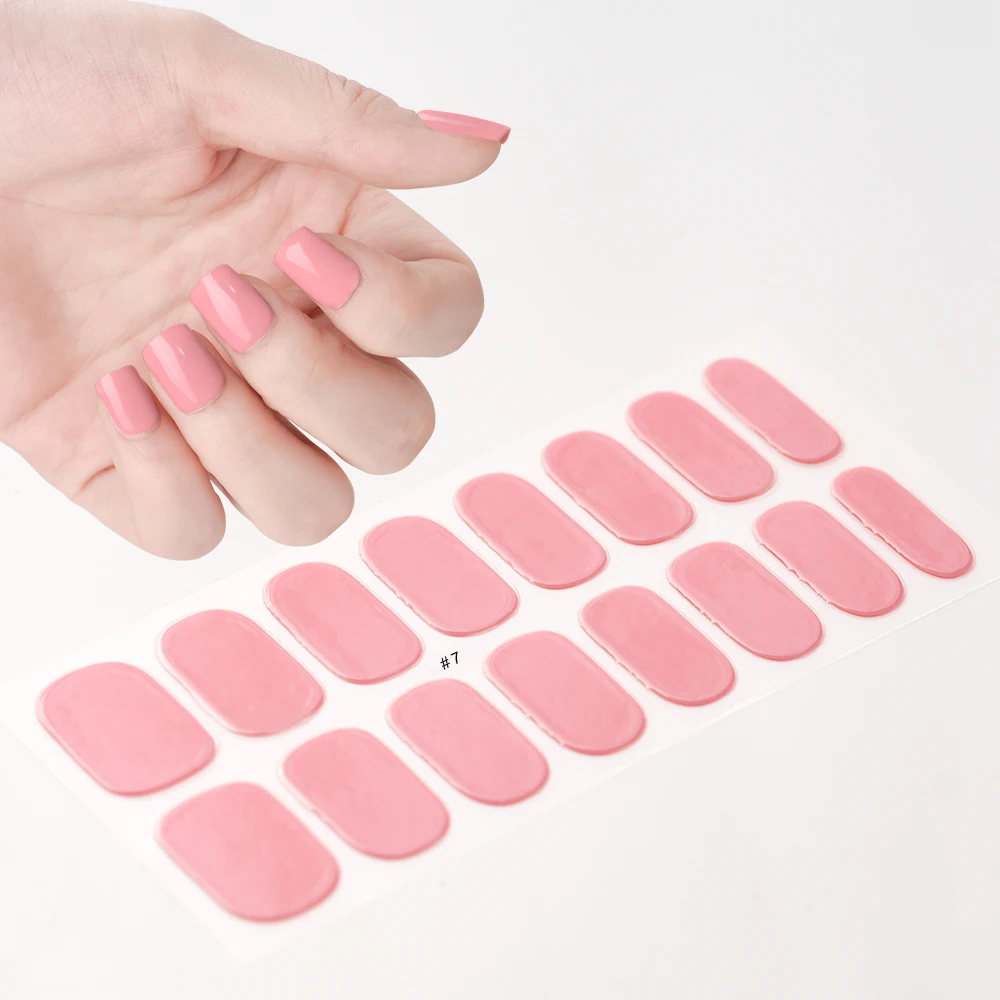 2024# New Semi-Cured Gel Nail Stickers Long-Lasting Solid Color Nail Strips UV Lamp Cured Manicure Gel Decal 16Tips