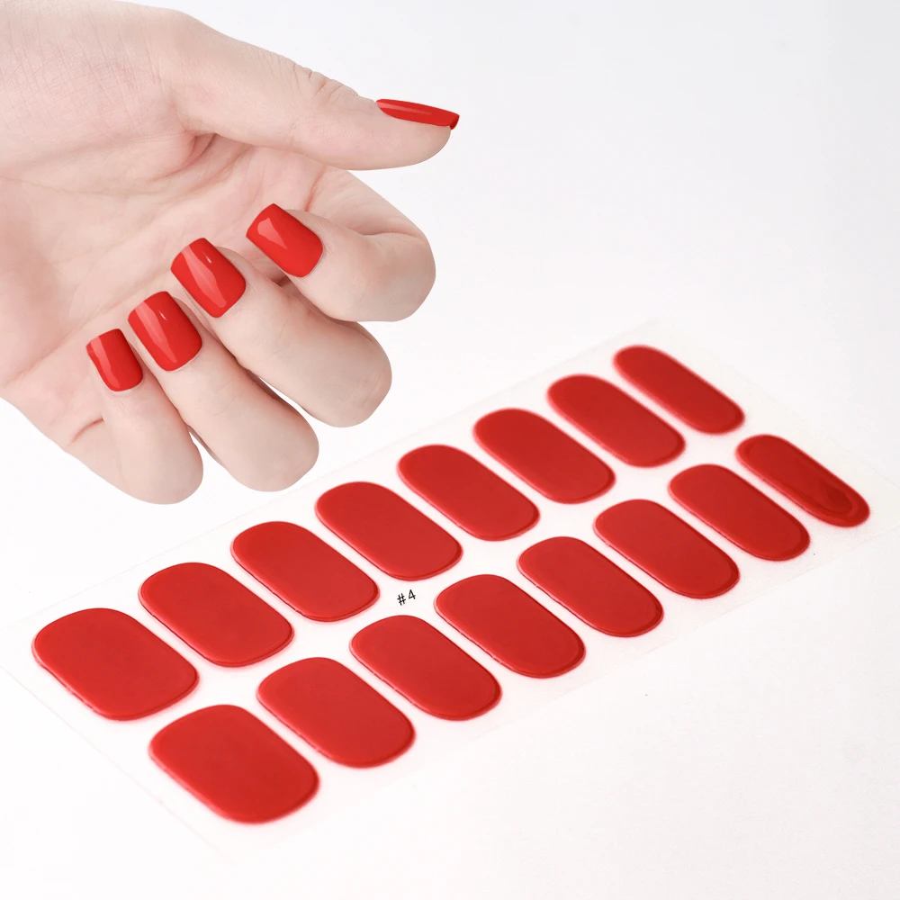 2024# New Semi-Cured Gel Nail Stickers Long-Lasting Solid Color Nail Strips UV Lamp Cured Manicure Gel Decal 16Tips