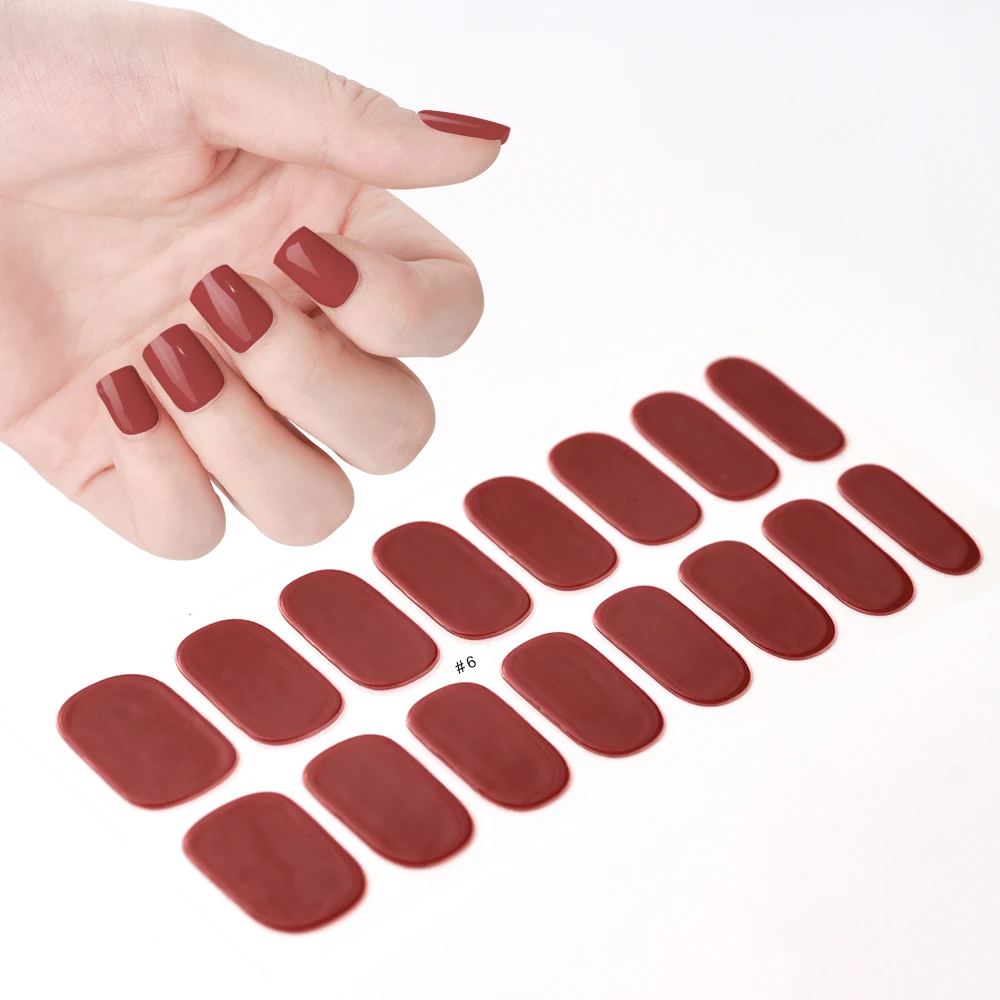 2024# New Semi-Cured Gel Nail Stickers Long-Lasting Solid Color Nail Strips UV Lamp Cured Manicure Gel Decal 16Tips